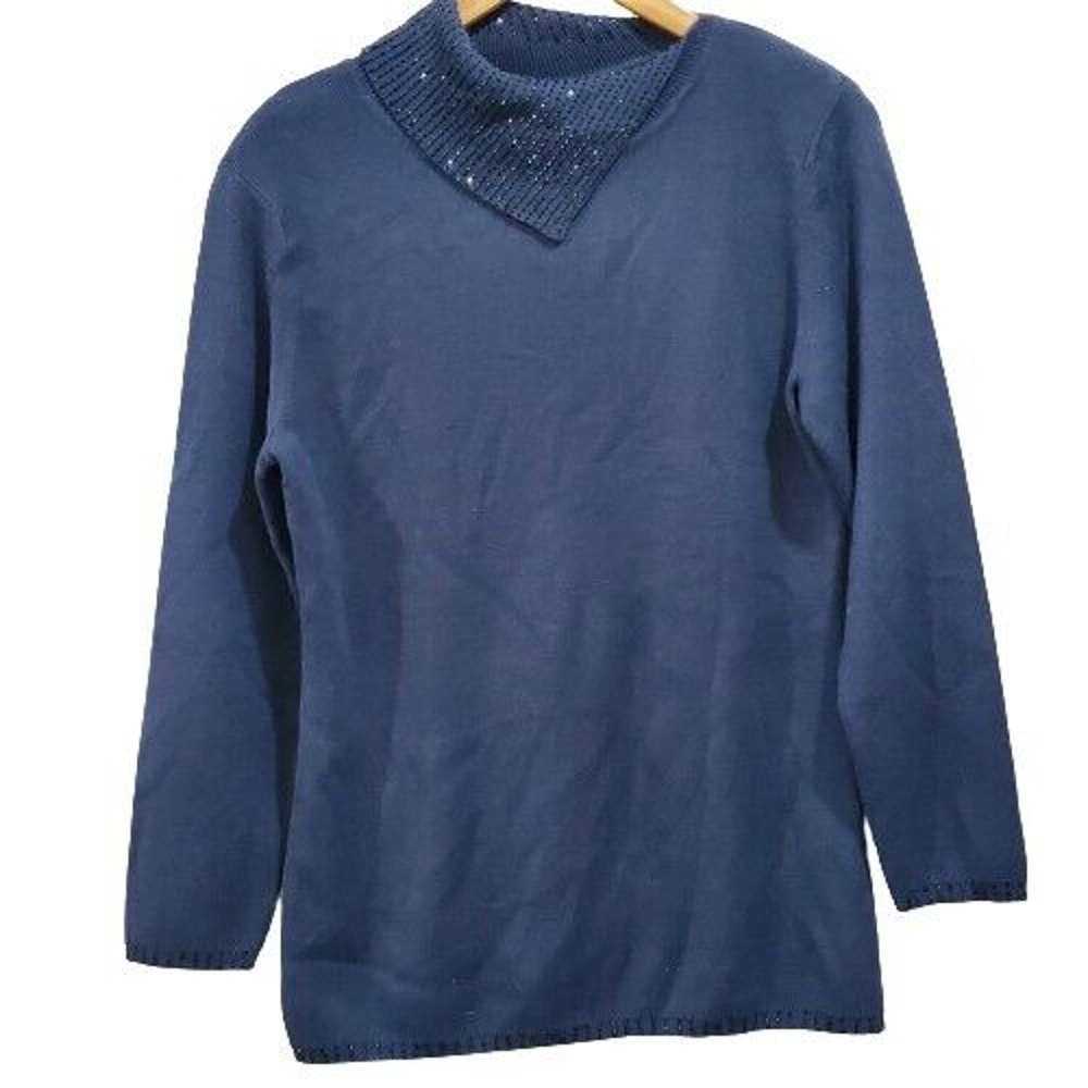 Adrianna Papell Blue Embellished Mock Neck Wool Pullover Sweater Size Medium